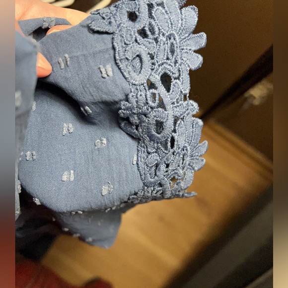 BloomChic steel blue dotted Swiss short sleeved, below knee dress w/crochet trim - Picture 5 of 8